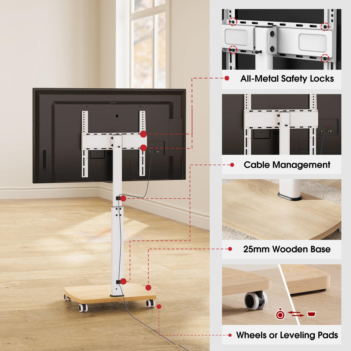 Rolling TV Stand for 32-65 Inch TVs, Height Adjustable with Swivel & Tilt Mount X6081