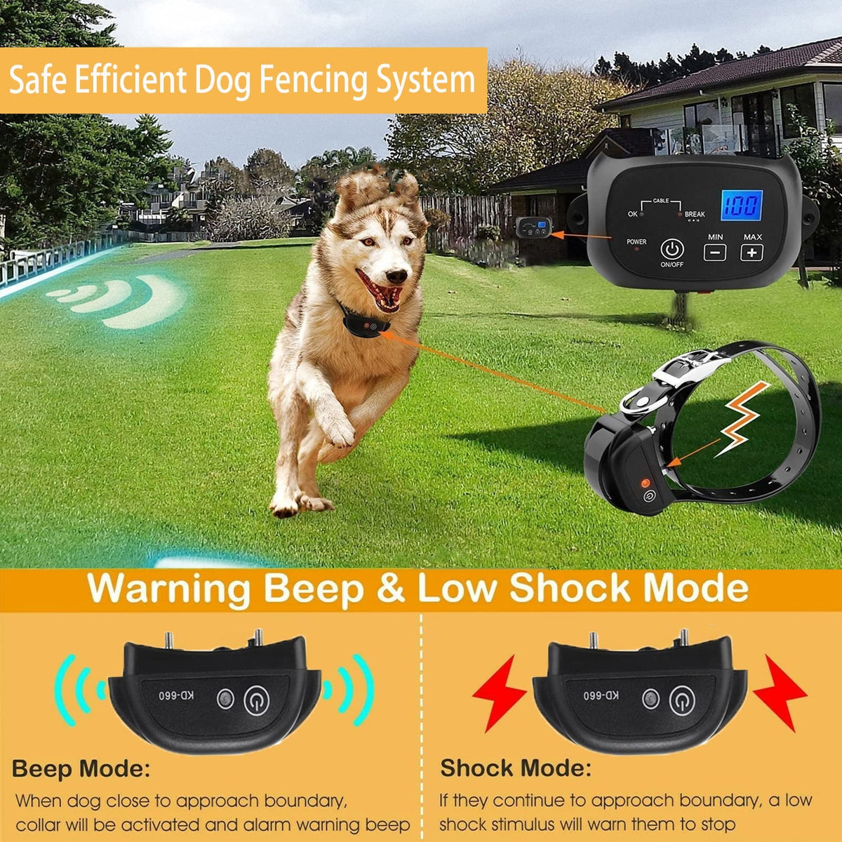 Electric Dog Fence, Aboveground Underground Pet Containment System, Covers up to 3/4 Acre, Waterproof Rechargeable Training Collar, Shock Tone Correction X171932