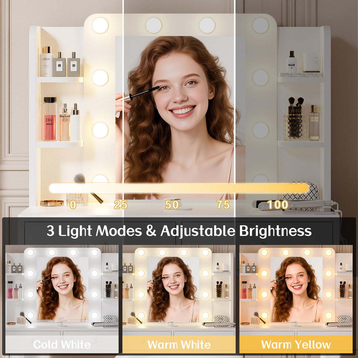 White Makeup Vanity Desk with Lighted Mirror and Chair Set N76839