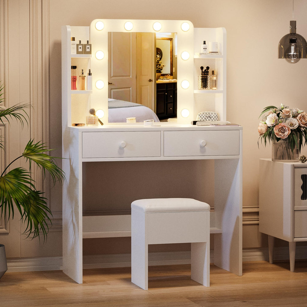 White Makeup Vanity Desk with Lighted Mirror and Chair Set N76839