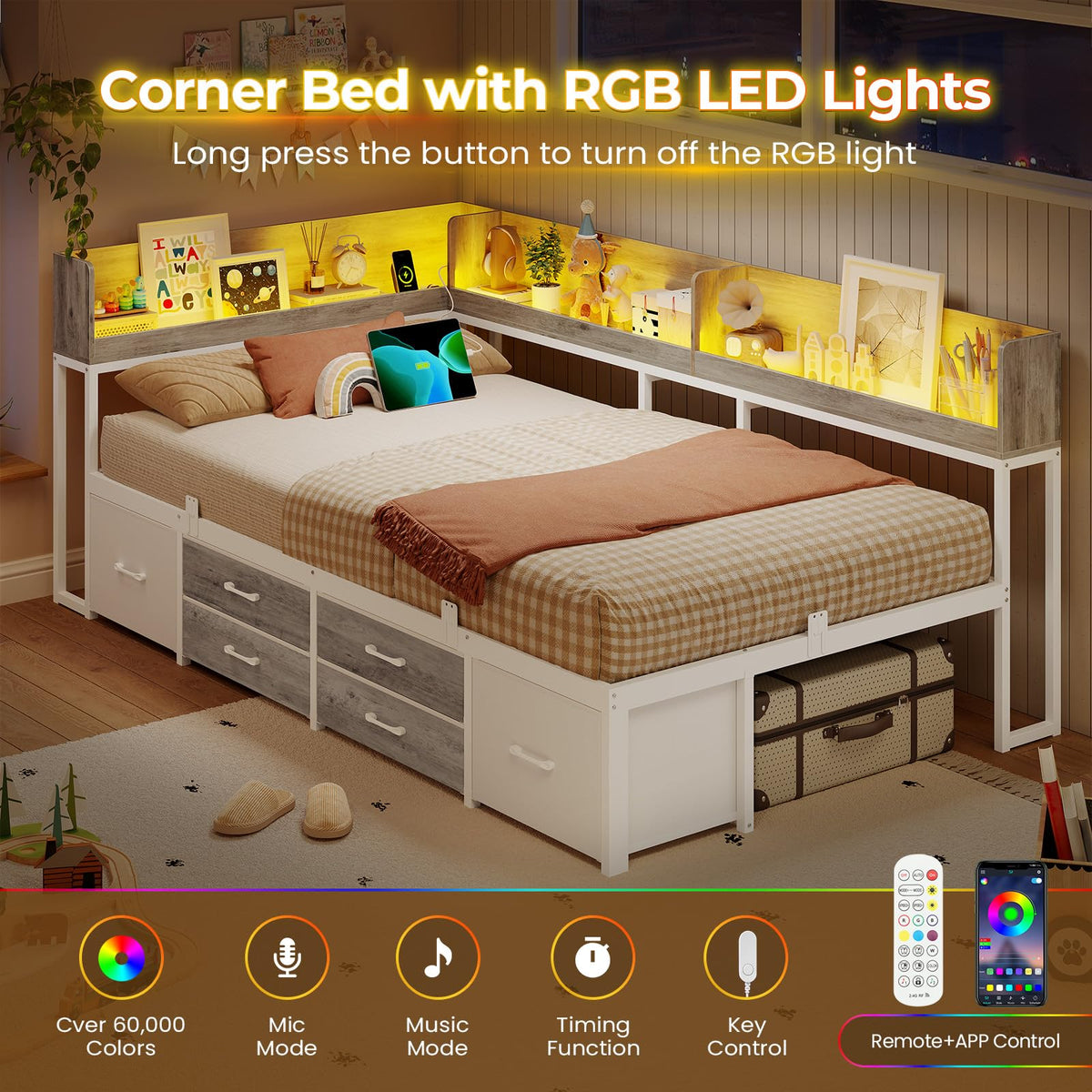 Twin Corner Bed Frame with Storage Bookcase and 6 Drawers U444