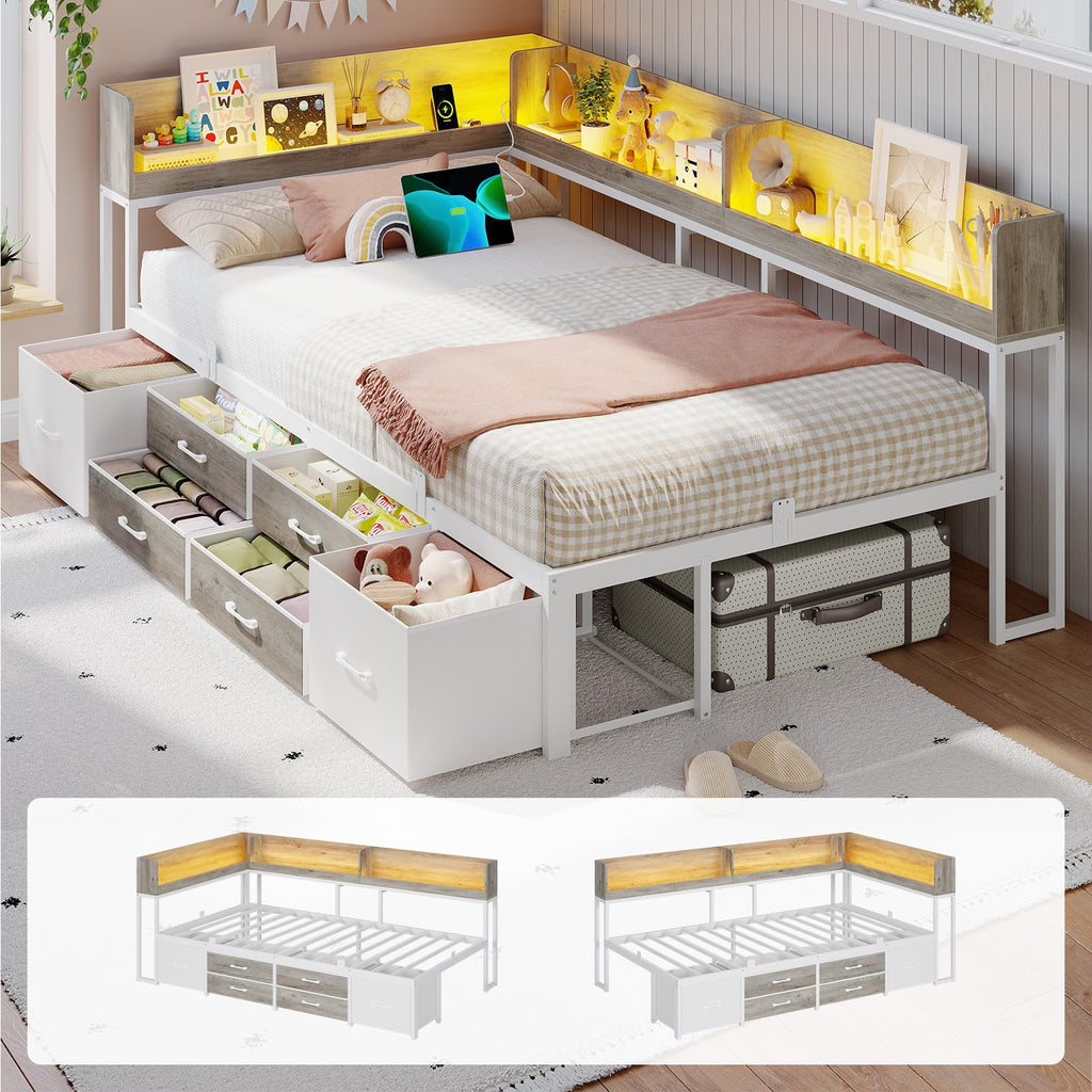 Twin Corner Bed Frame with Storage Bookcase and 6 Drawers U444