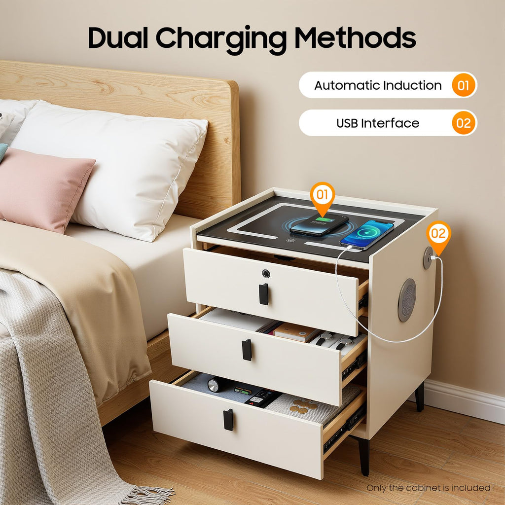 Beige 3 Drawer Smart Nightstand with Fingerprint Lock E31555