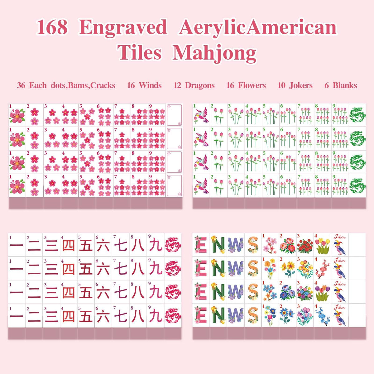 1.2” American Mahjong Set 168 Pink Floral Melamine Tiles H482
