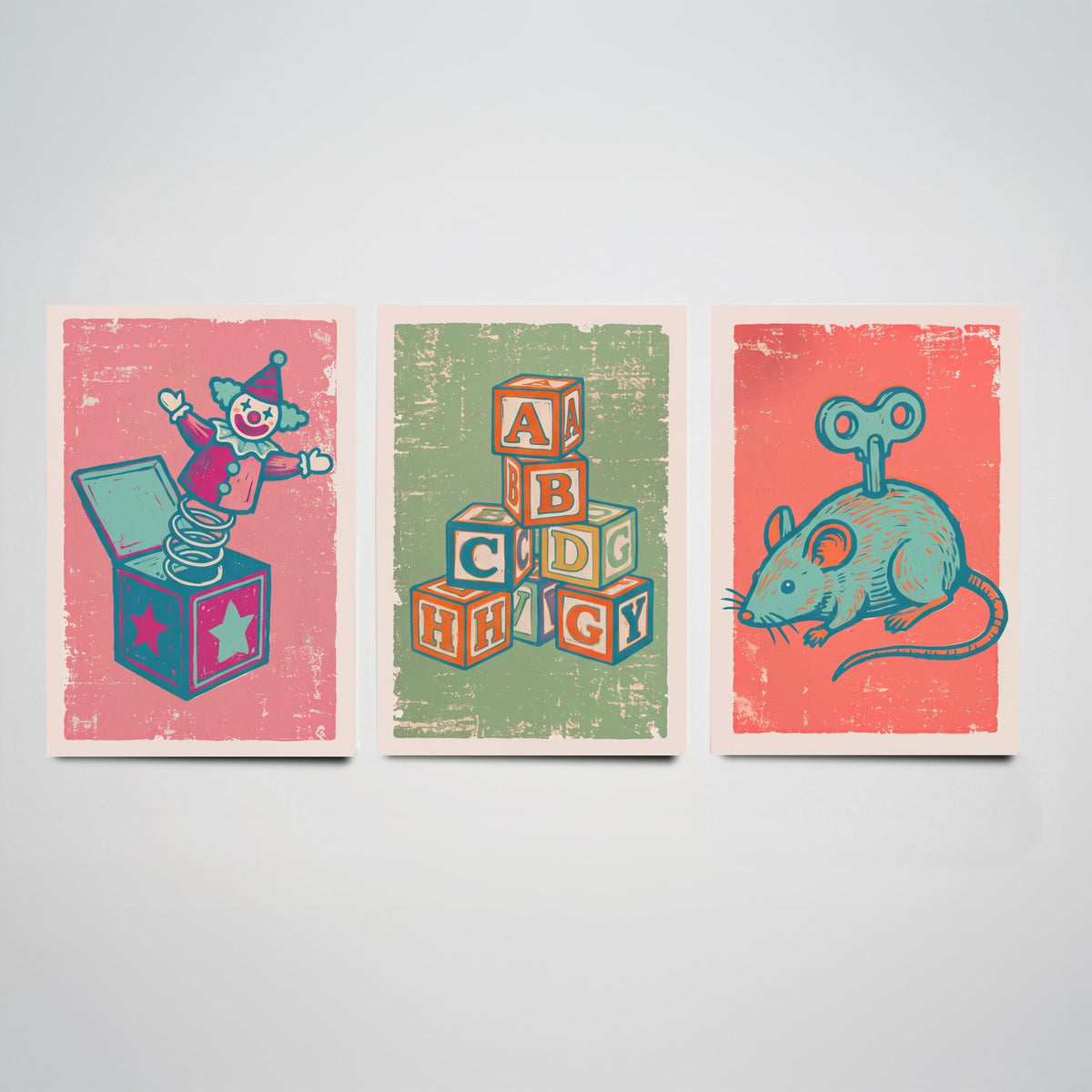 Art Prints Set of 3 Retro Linocut Style W213