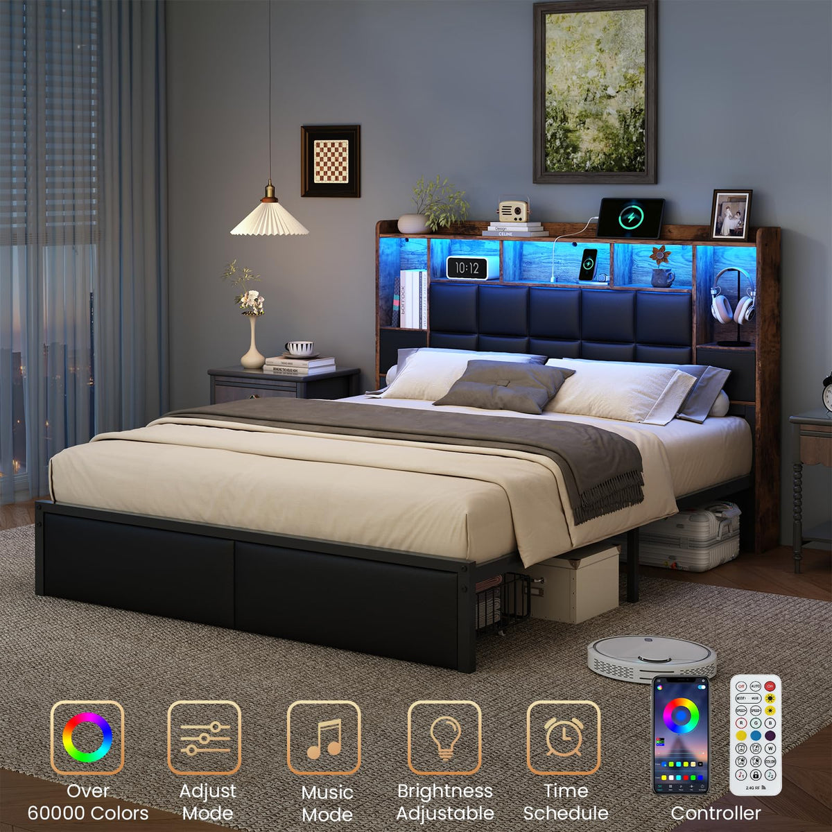 Full Size Platform Bed Frame with LED Light and Charging Station, Black K73754