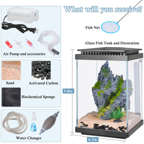1 Gallon Small Glass Aquarium with Air Pump LED Light J9952