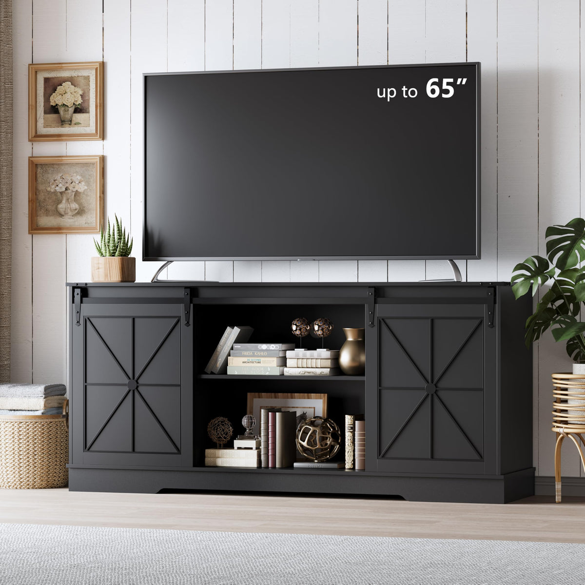 Black Farmhouse TV Stand with Storage Cabinets & Sliding Barn Doors O16514