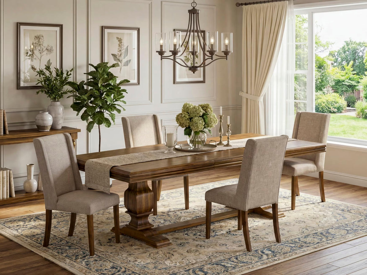 5-piece Wooden Dining Room Set with 4 Light Tan Linen Chairs N86720