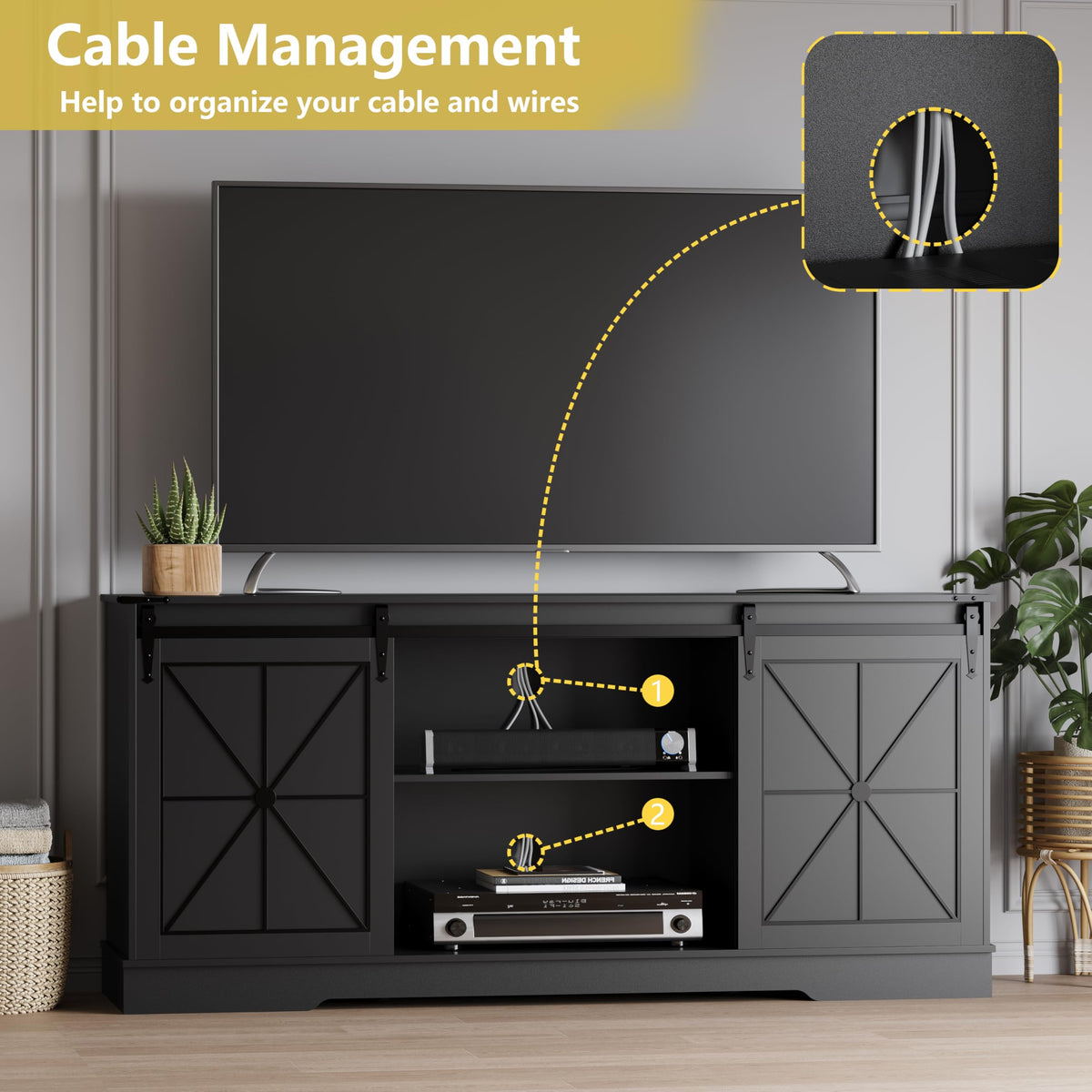 Black Farmhouse TV Stand with Storage Cabinets & Sliding Barn Doors O16514
