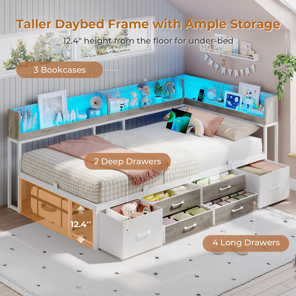 Twin Corner Bed Frame with Storage Bookcase and 6 Drawers U444