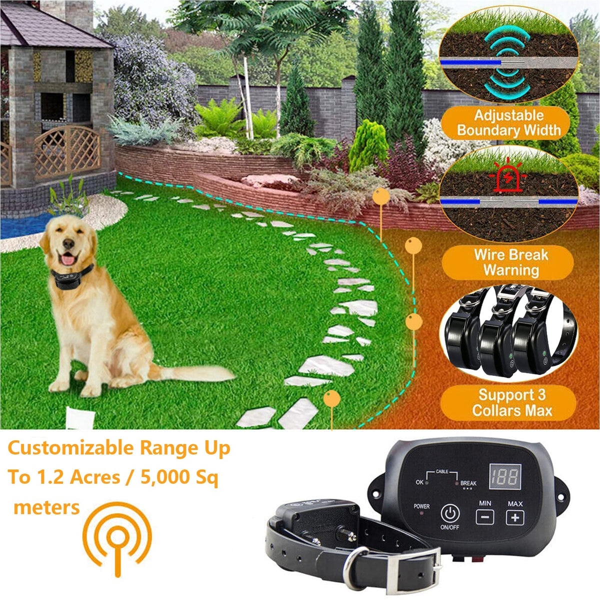 Electric Dog Fence, Aboveground Underground Pet Containment System, Covers up to 3/4 Acre, Waterproof Rechargeable Training Collar, Shock Tone Correction X171932