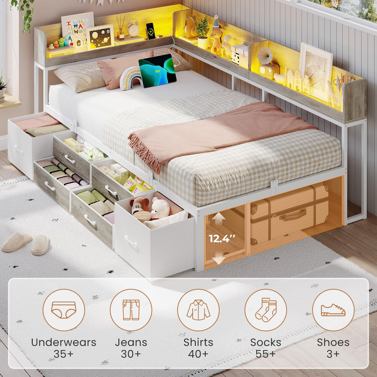 Twin Corner Bed Frame with Storage Bookcase and 6 Drawers U444