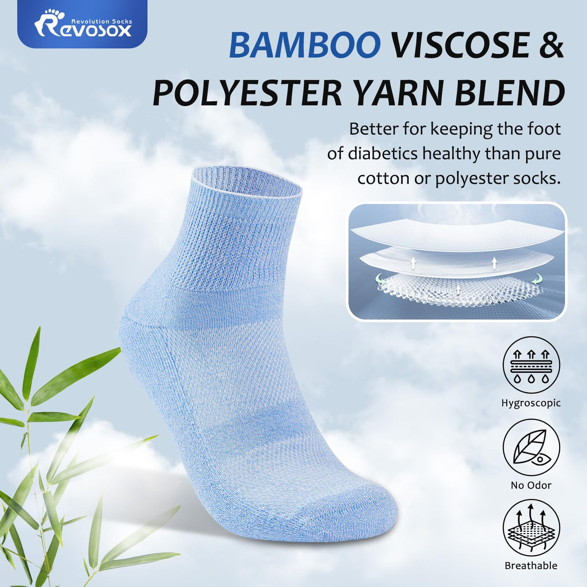 5 Pairs Bamboo Viscose Non-Binding Diabetic Ankle Socks H3415