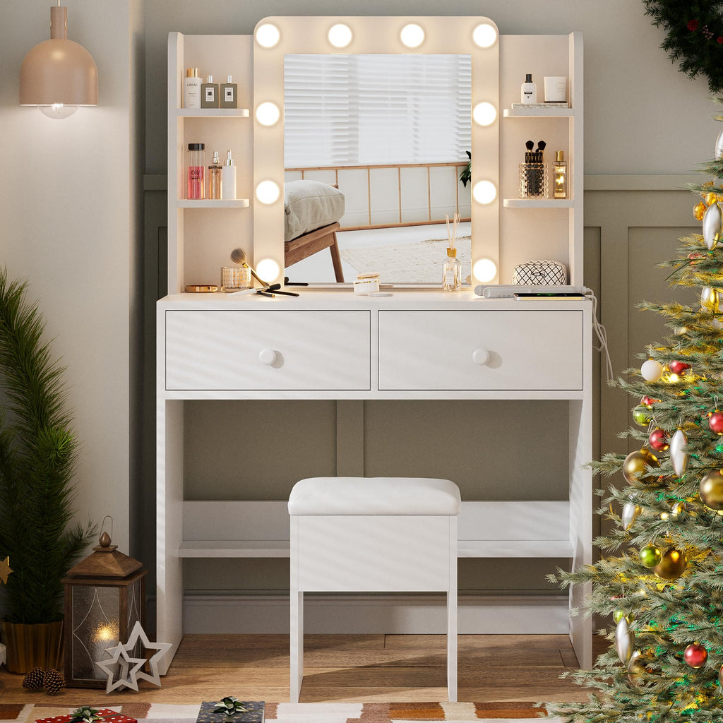 White Makeup Vanity Desk with Lighted Mirror and Chair Set N76839