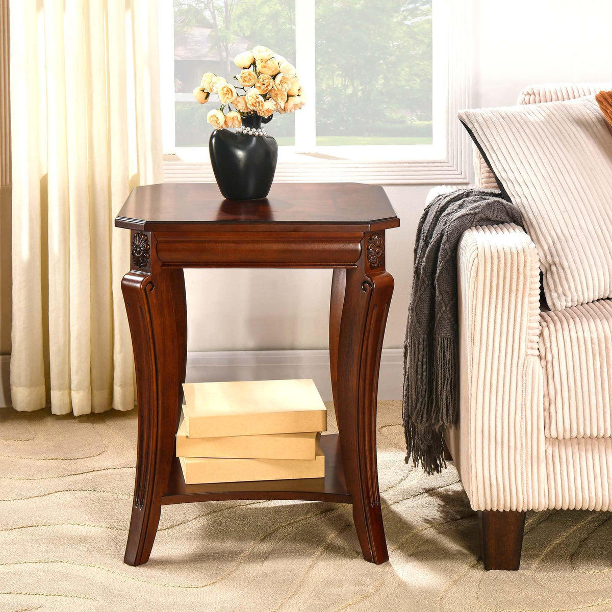 Cherry Brown Side Table with Storage Shelf P656