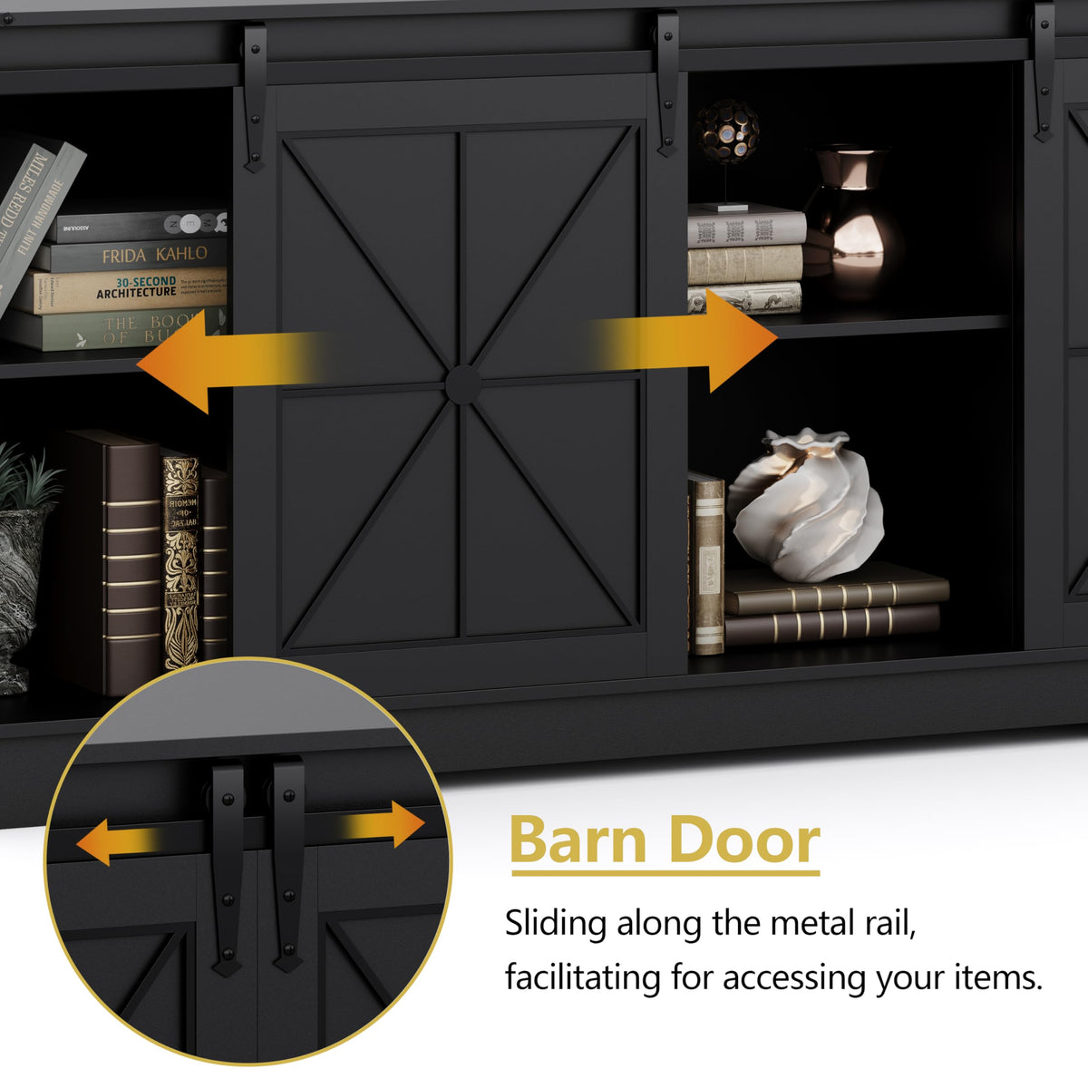 Black Farmhouse TV Stand with Storage Cabinets & Sliding Barn Doors O16514