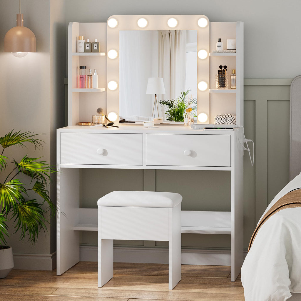 White Makeup Vanity Desk with Lighted Mirror and Chair Set N76839