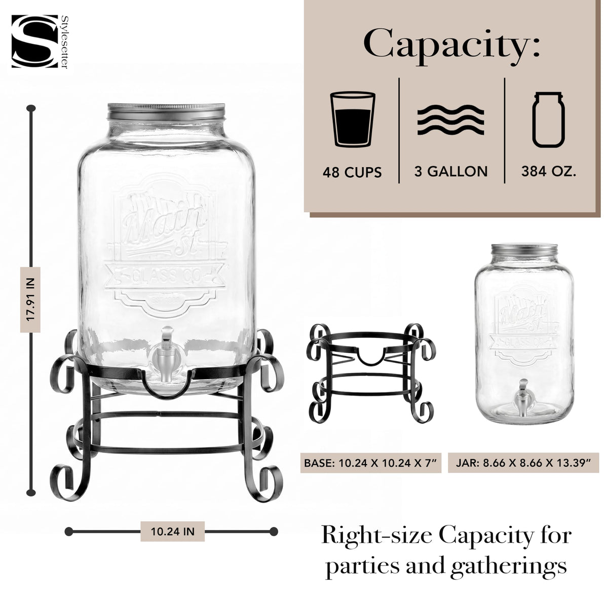Glass Beverage Dispenser with Metal Stand 3 Gal F681101