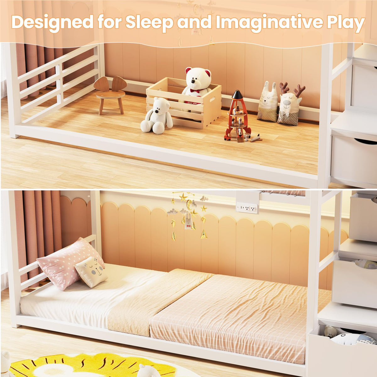 White Twin Over Twin Bunk Bed with Storage Stairs C453627