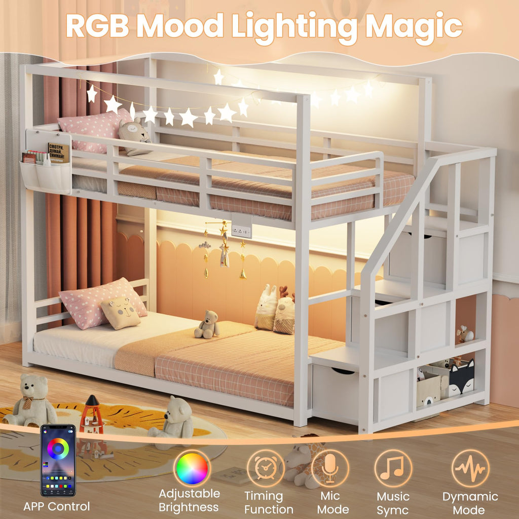 White Twin Over Twin Bunk Bed with Storage Stairs C453627