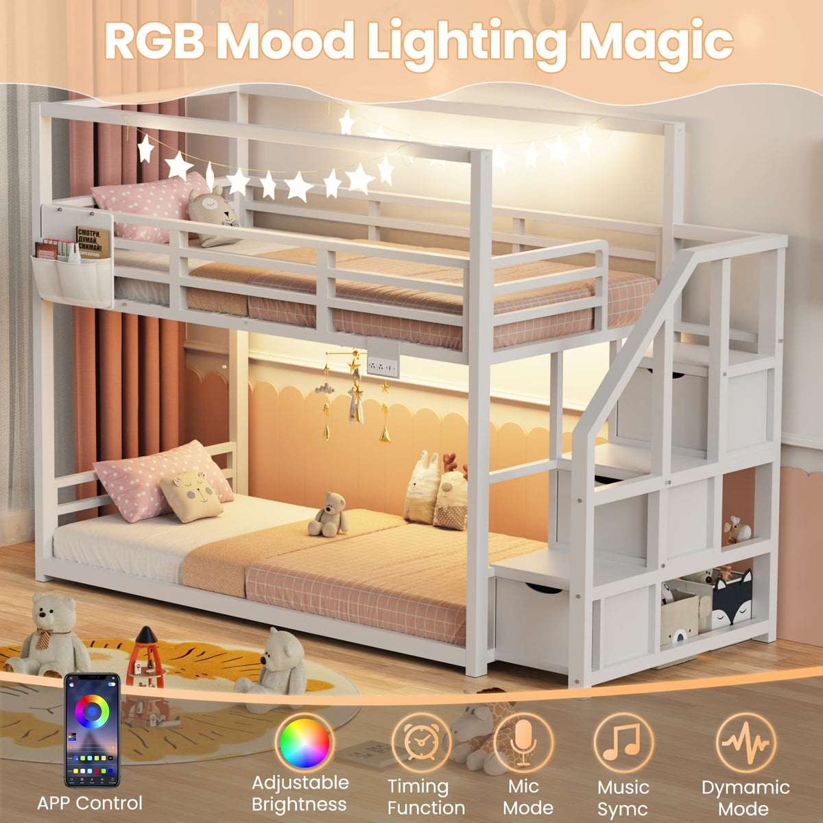 White Twin Over Twin Bunk Bed with Storage Stairs C453627