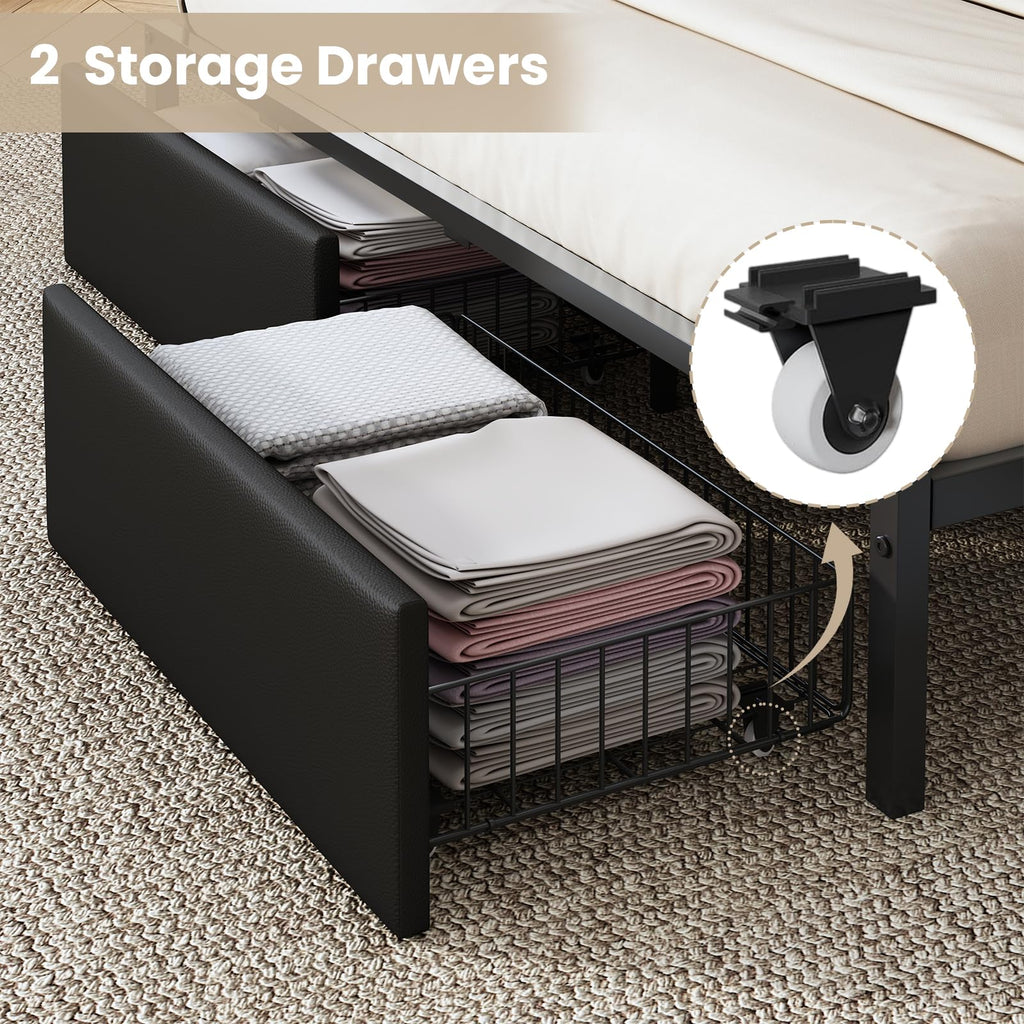 Full Size Platform Bed Frame with LED Light and Charging Station, Black K73754