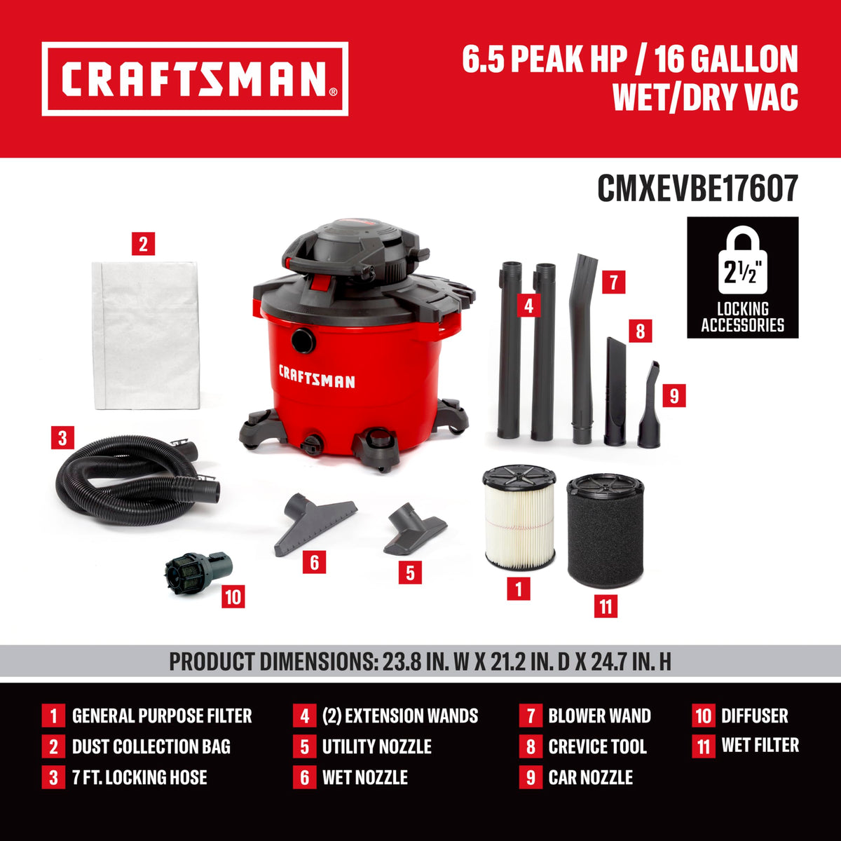 16 Gallon 6.5 Peak HP Wet Dry Vac with Detachable Blower X8517