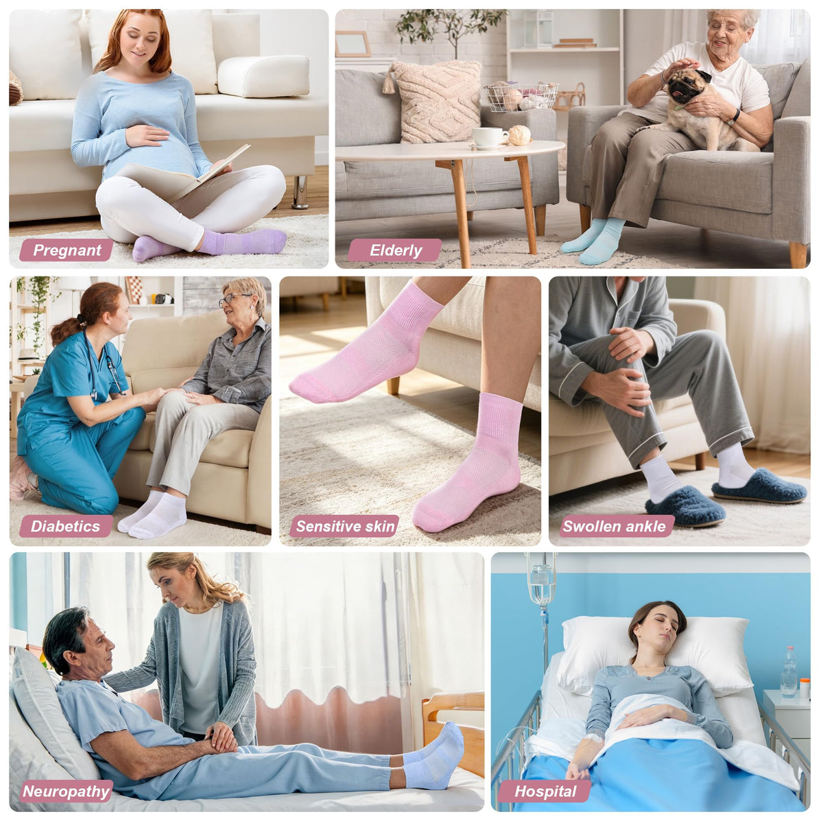 5 Pairs Bamboo Viscose Non-Binding Diabetic Ankle Socks H3415