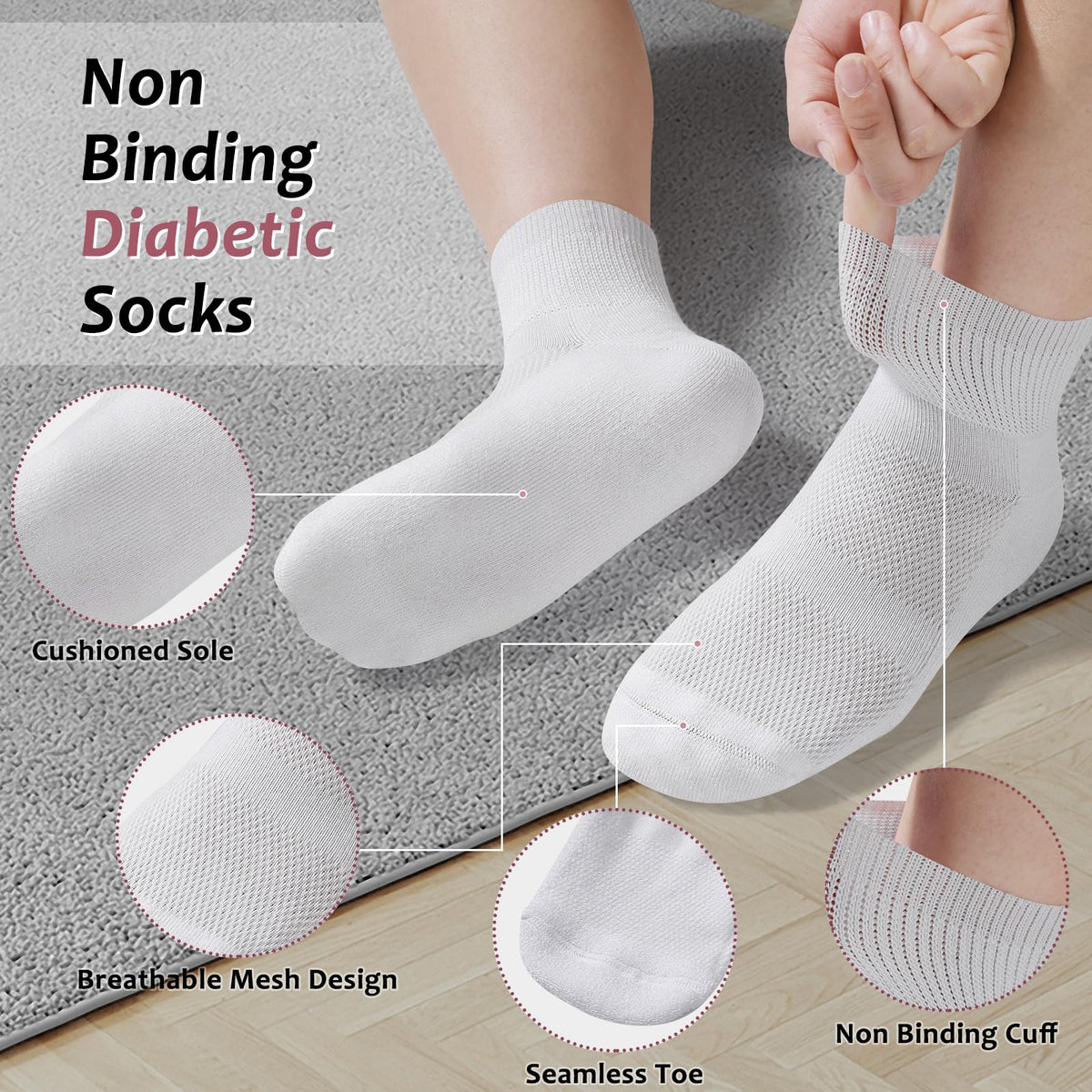 5 Pairs Bamboo Viscose Non-Binding Diabetic Ankle Socks H3415