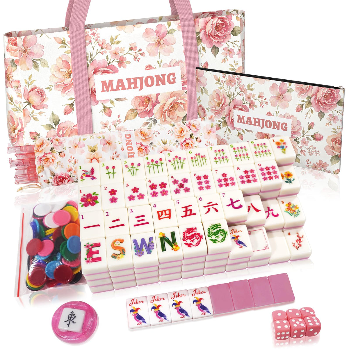 1.2” American Mahjong Set 168 Pink Floral Melamine Tiles H482