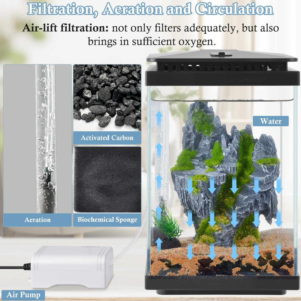 1 Gallon Small Glass Aquarium with Air Pump LED Light J9952