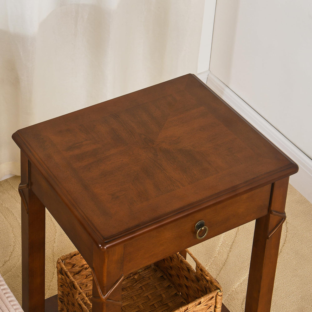 Small Solid Wood Side End Table with Drawer and Storage Shelf I306888