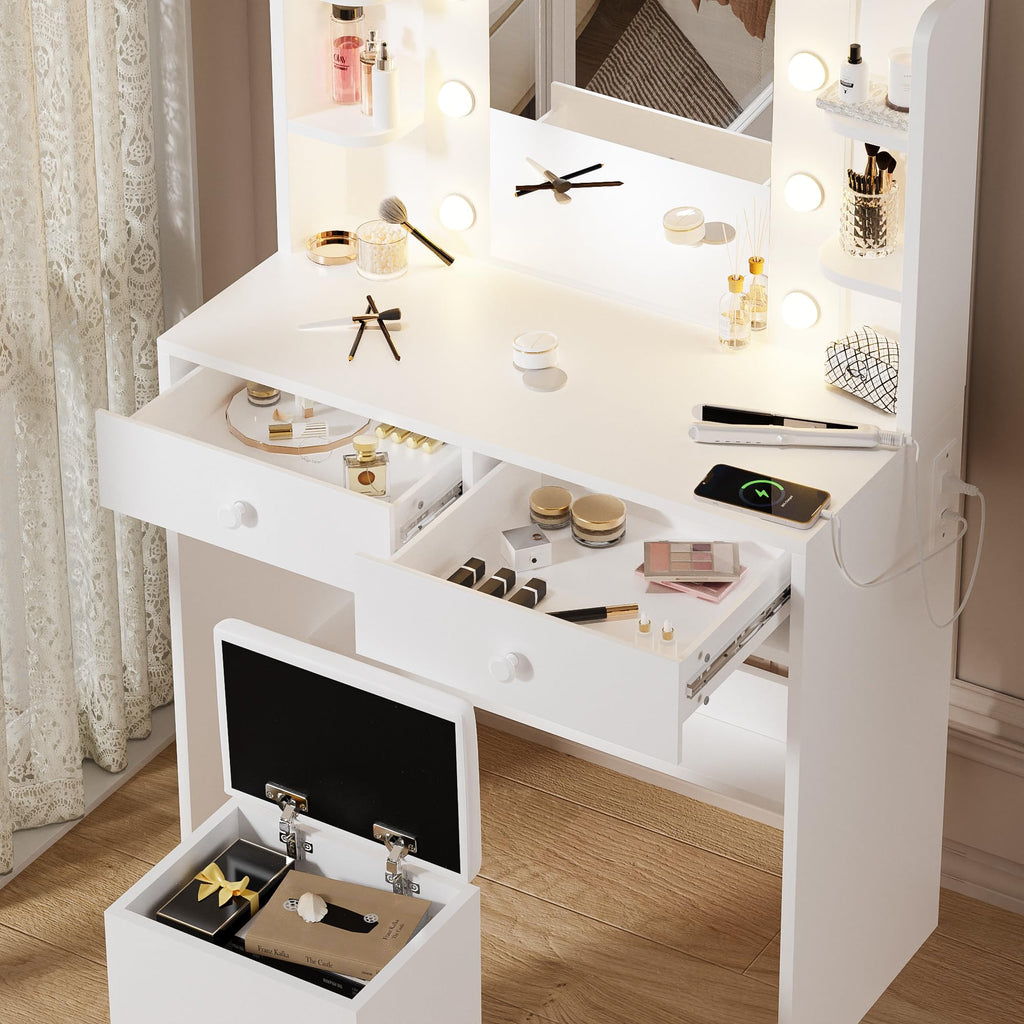 White Makeup Vanity Desk with Lighted Mirror and Chair Set N76839