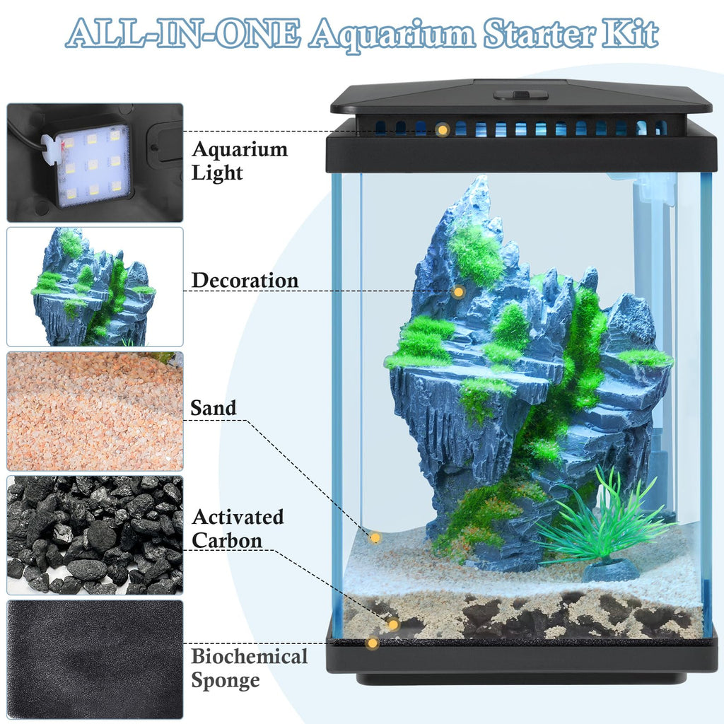 1 Gallon Small Glass Aquarium with Air Pump LED Light J9952