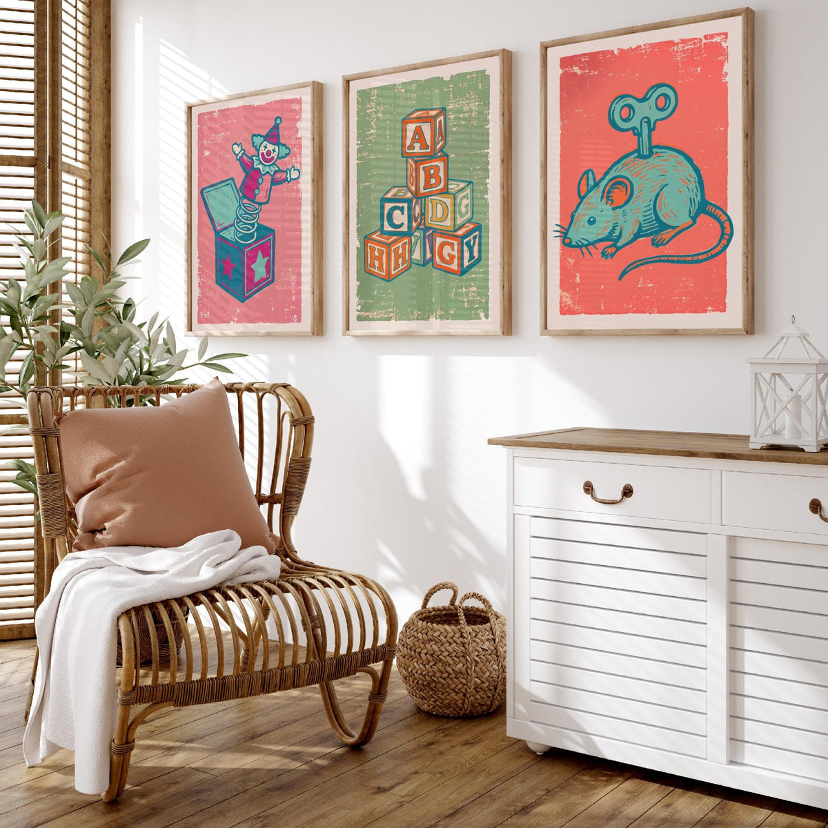 Art Prints Set of 3 Retro Linocut Style W213