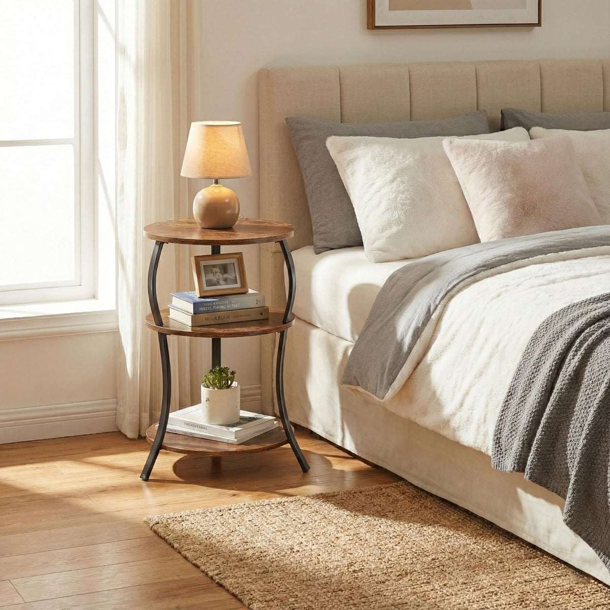 Round 3-Tier Side Table with Storage Shelf Q361