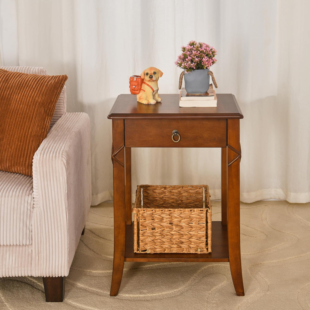 Small Solid Wood Side End Table with Drawer and Storage Shelf I306888