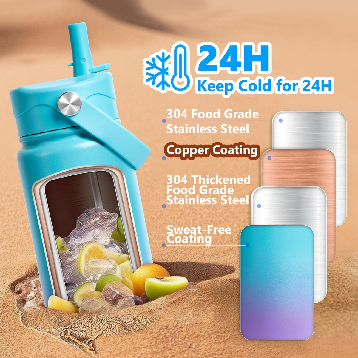 Insulated Water Bottle with Lid & Boot & Stickers, 24 oz H869