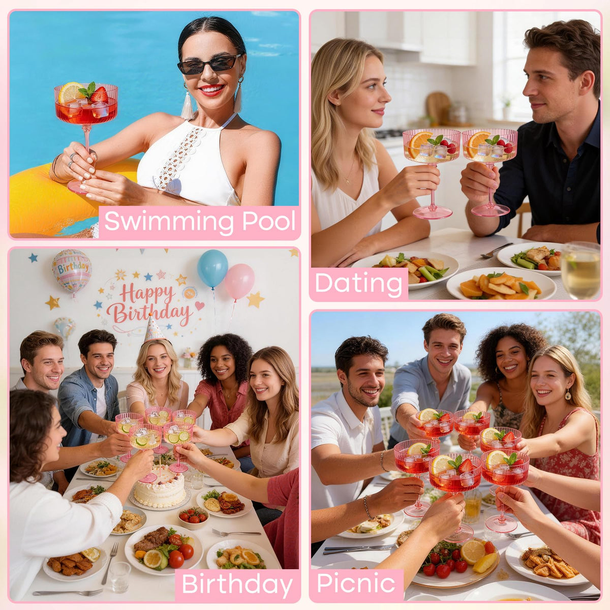 6 Pcs 10 Oz Pink Champagne Martini Glasses Set Q622739