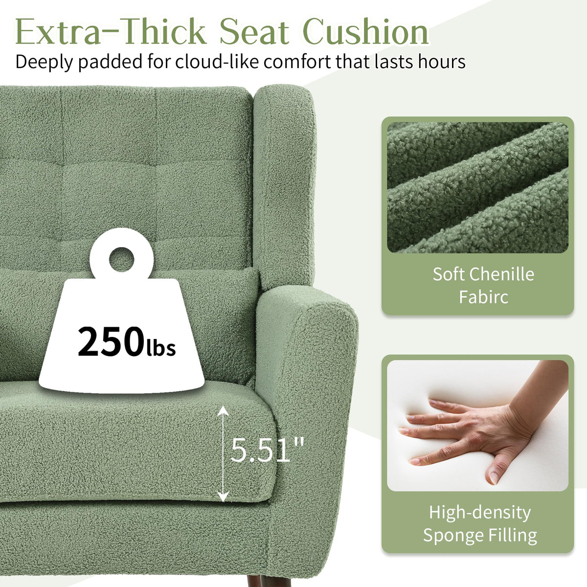 Green Teddy Upholstered Armchair Set of 2 with Lumbar Pillow S7763