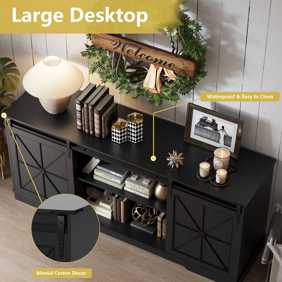 Black Farmhouse TV Stand with Storage Cabinets & Sliding Barn Doors O16514