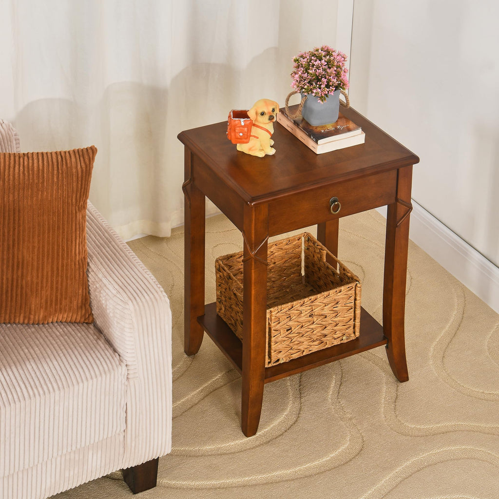 Small Solid Wood Side End Table with Drawer and Storage Shelf I306888