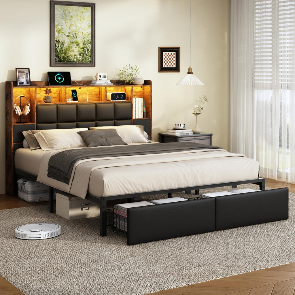 Full Size Platform Bed Frame with LED Light and Charging Station, Black K73754