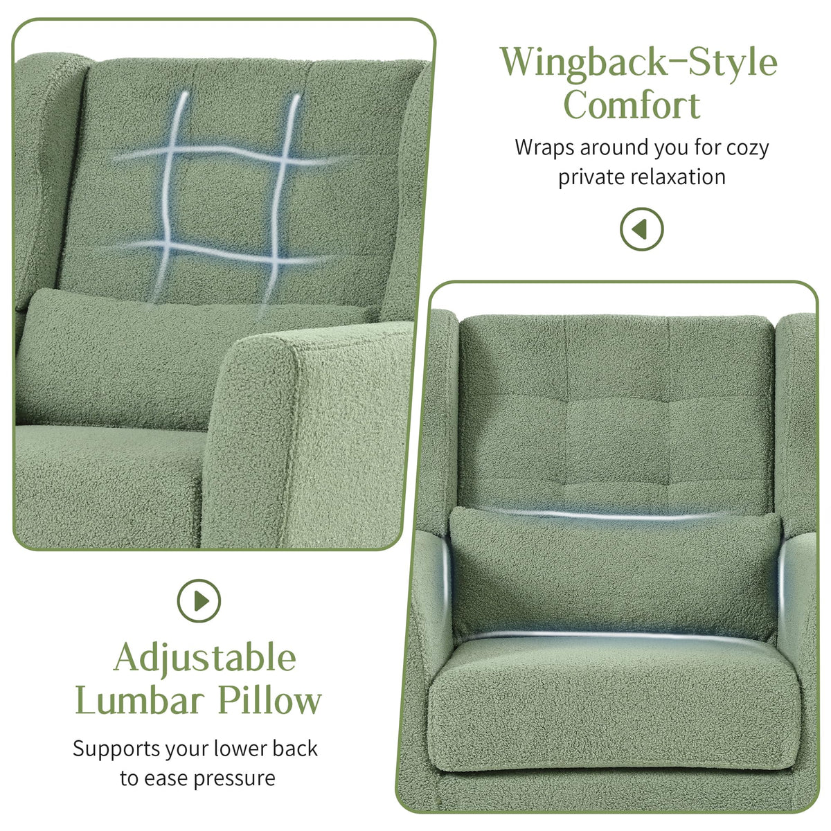 Green Teddy Upholstered Armchair Set of 2 with Lumbar Pillow S7763