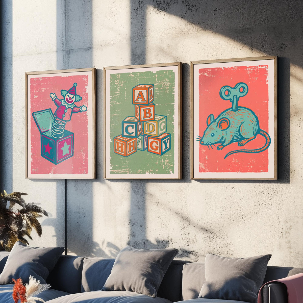 Art Prints Set of 3 Retro Linocut Style W213