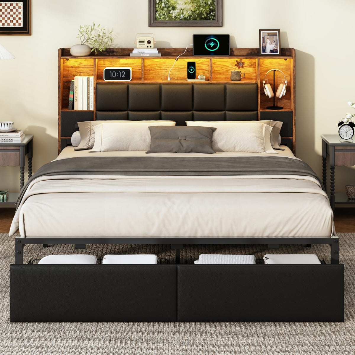 Full Size Platform Bed Frame with LED Light and Charging Station, Black K73754