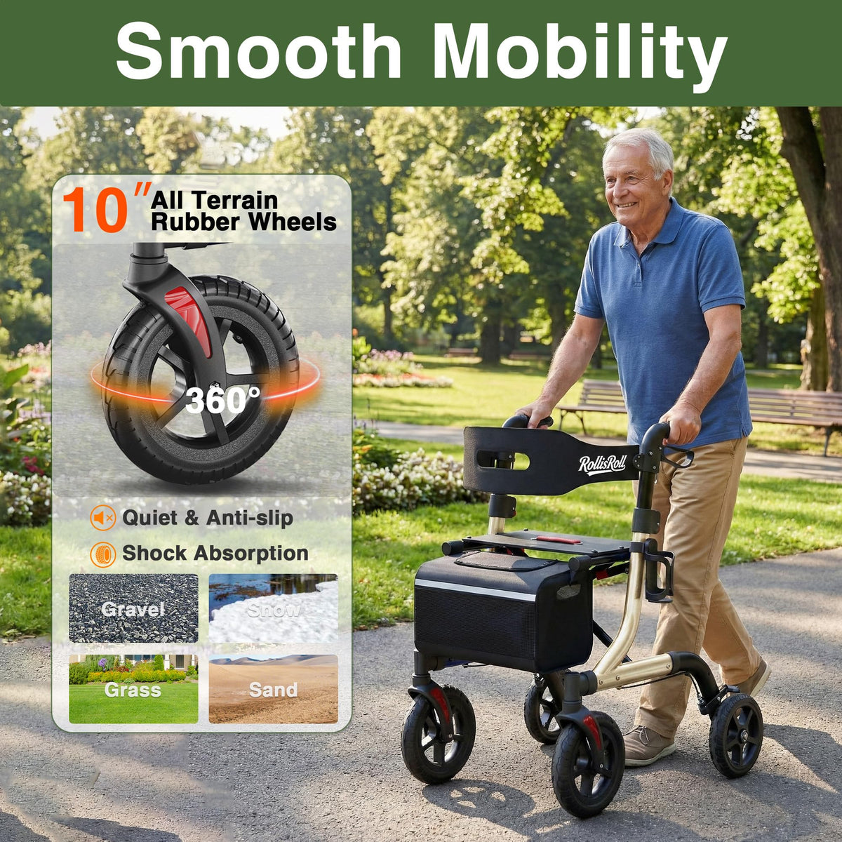 Foldable Aluminum Rollator Walker with Seat and 10" Wheels X399