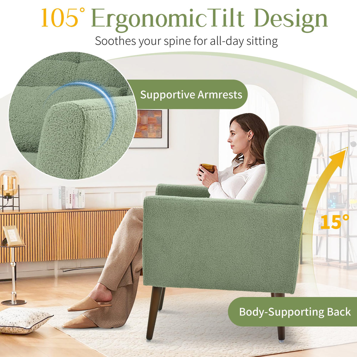 Green Teddy Upholstered Armchair Set of 2 with Lumbar Pillow S7763