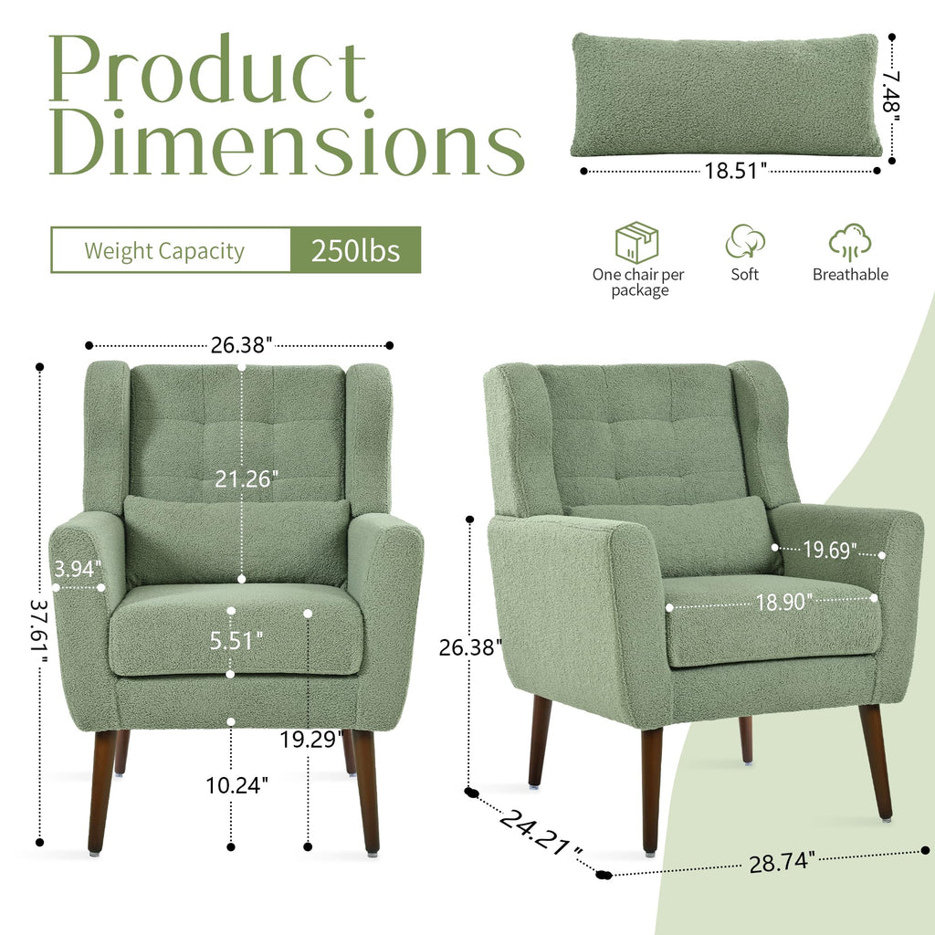 Green Teddy Upholstered Armchair Set of 2 with Lumbar Pillow S7763